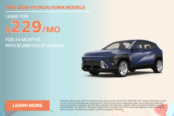 New 2026 Hyundai Kona Models lease Kennesaw GA